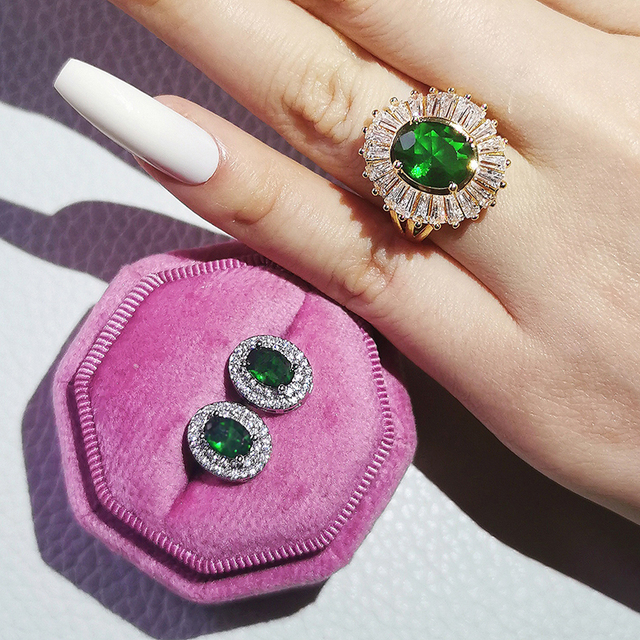 Nowość 2021: Luksusowy, zielony pierścionek z brylantami w 925 srebrze - Zestaw pierścionków zaręczynowych dla kobiet Z14 - Wianko - 39