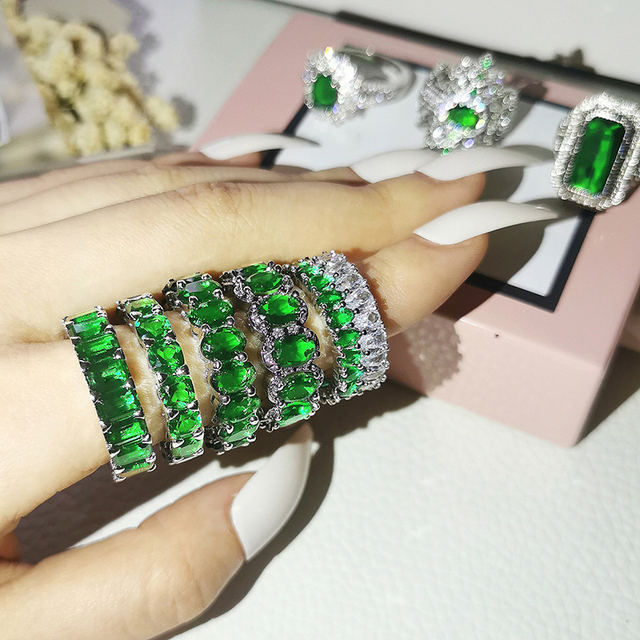 Nowość 2021: Luksusowy, zielony pierścionek z brylantami w 925 srebrze - Zestaw pierścionków zaręczynowych dla kobiet Z14 - Wianko - 15