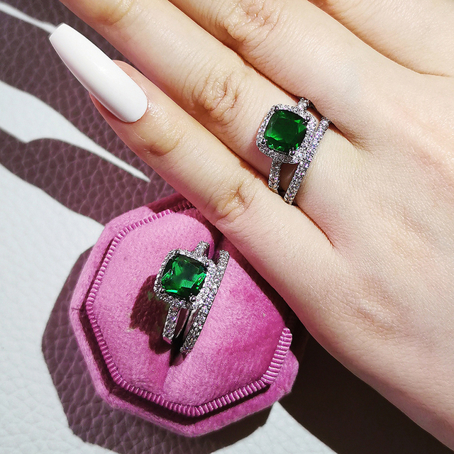 Nowość 2021: Luksusowy, zielony pierścionek z brylantami w 925 srebrze - Zestaw pierścionków zaręczynowych dla kobiet Z14 - Wianko - 48
