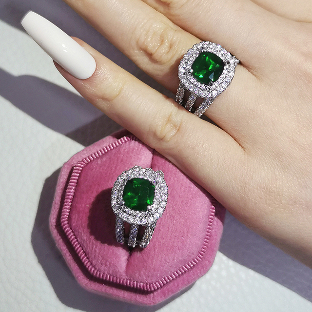 Nowość 2021: Luksusowy, zielony pierścionek z brylantami w 925 srebrze - Zestaw pierścionków zaręczynowych dla kobiet Z14 - Wianko - 51