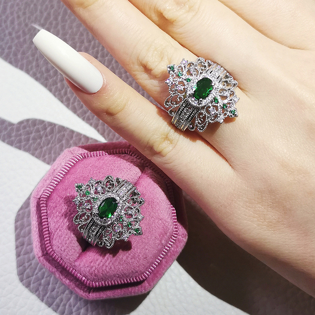 Nowość 2021: Luksusowy, zielony pierścionek z brylantami w 925 srebrze - Zestaw pierścionków zaręczynowych dla kobiet Z14 - Wianko - 23