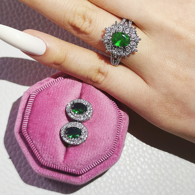 Nowość 2021: Luksusowy, zielony pierścionek z brylantami w 925 srebrze - Zestaw pierścionków zaręczynowych dla kobiet Z14 - Wianko - 45