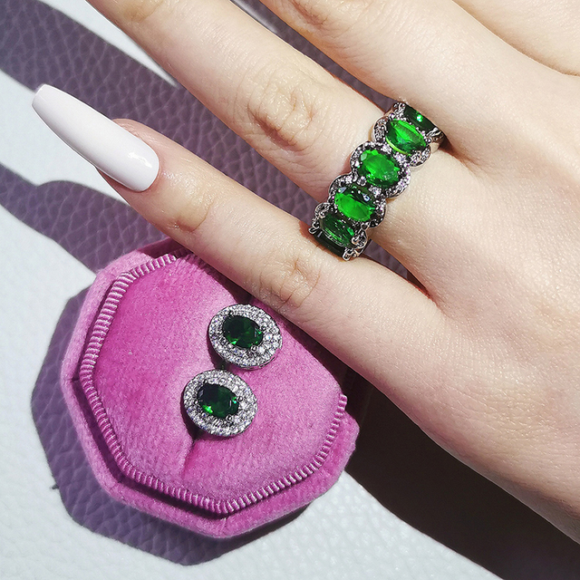 Nowość 2021: Luksusowy, zielony pierścionek z brylantami w 925 srebrze - Zestaw pierścionków zaręczynowych dla kobiet Z14 - Wianko - 33