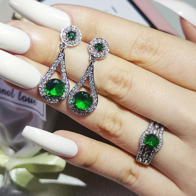 Nowość 2021: Luksusowy, zielony pierścionek z brylantami w 925 srebrze - Zestaw pierścionków zaręczynowych dla kobiet Z14 - Wianko - 47
