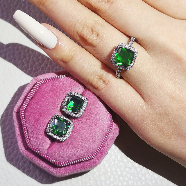 Nowość 2021: Luksusowy, zielony pierścionek z brylantami w 925 srebrze - Zestaw pierścionków zaręczynowych dla kobiet Z14 - Wianko - 31