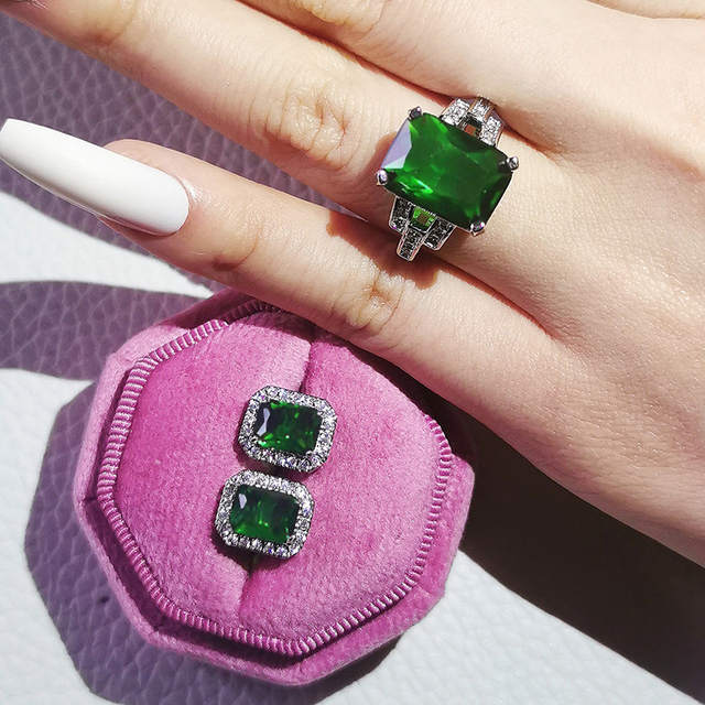 Nowość 2021: Luksusowy, zielony pierścionek z brylantami w 925 srebrze - Zestaw pierścionków zaręczynowych dla kobiet Z14 - Wianko - 38