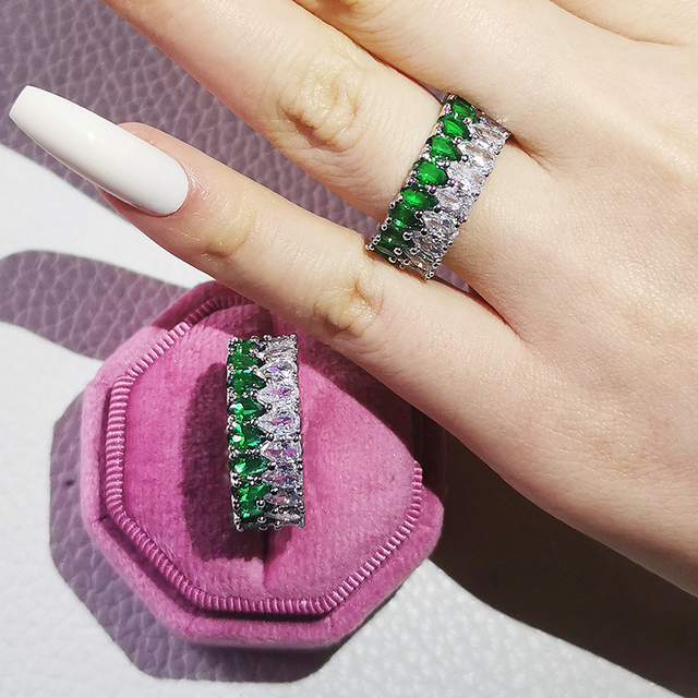 Nowość 2021: Luksusowy, zielony pierścionek z brylantami w 925 srebrze - Zestaw pierścionków zaręczynowych dla kobiet Z14 - Wianko - 30