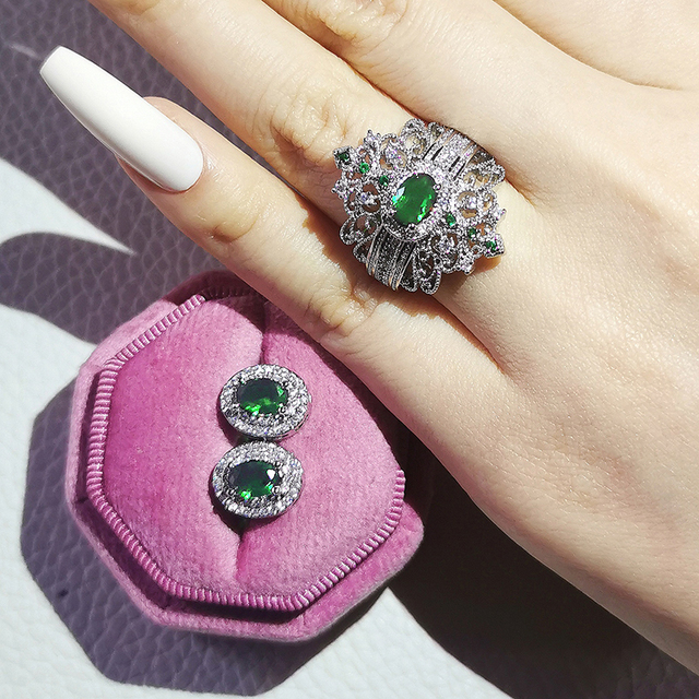 Nowość 2021: Luksusowy, zielony pierścionek z brylantami w 925 srebrze - Zestaw pierścionków zaręczynowych dla kobiet Z14 - Wianko - 43