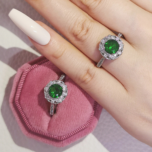 Nowość 2021: Luksusowy, zielony pierścionek z brylantami w 925 srebrze - Zestaw pierścionków zaręczynowych dla kobiet Z14 - Wianko - 50