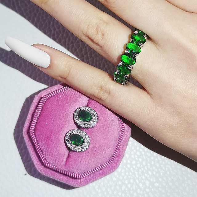Nowość 2021: Luksusowy, zielony pierścionek z brylantami w 925 srebrze - Zestaw pierścionków zaręczynowych dla kobiet Z14 - Wianko - 40