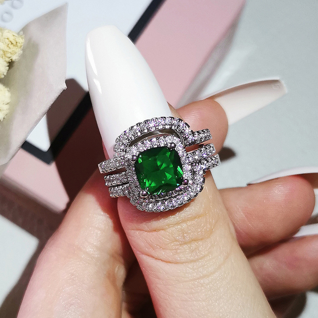 Nowość 2021: Luksusowy, zielony pierścionek z brylantami w 925 srebrze - Zestaw pierścionków zaręczynowych dla kobiet Z14 - Wianko - 49
