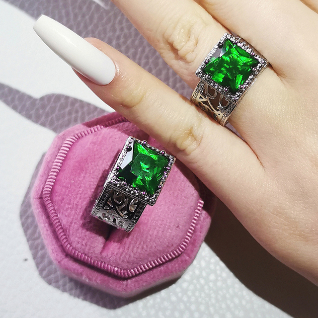 Nowość 2021: Luksusowy, zielony pierścionek z brylantami w 925 srebrze - Zestaw pierścionków zaręczynowych dla kobiet Z14 - Wianko - 17