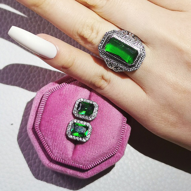Nowość 2021: Luksusowy, zielony pierścionek z brylantami w 925 srebrze - Zestaw pierścionków zaręczynowych dla kobiet Z14 - Wianko - 41
