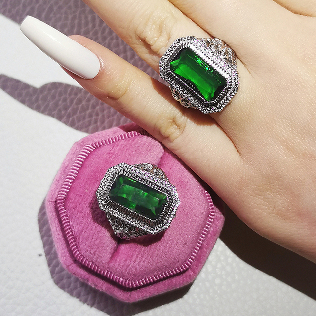 Nowość 2021: Luksusowy, zielony pierścionek z brylantami w 925 srebrze - Zestaw pierścionków zaręczynowych dla kobiet Z14 - Wianko - 21