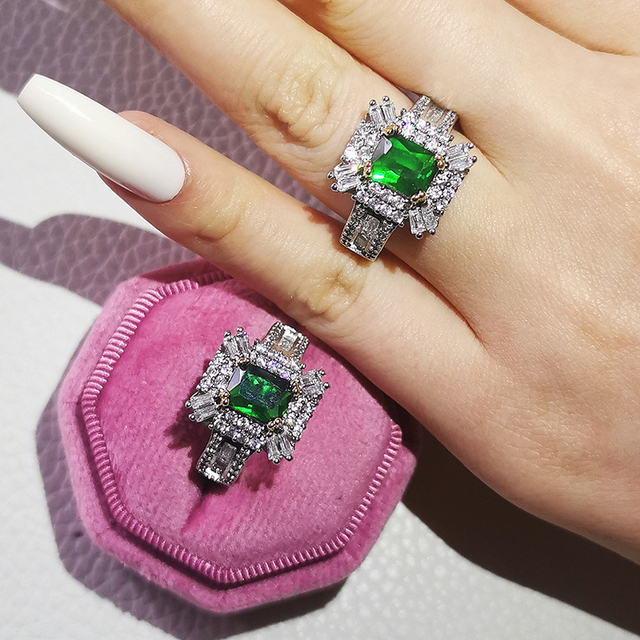 Nowość 2021: Luksusowy, zielony pierścionek z brylantami w 925 srebrze - Zestaw pierścionków zaręczynowych dla kobiet Z14 - Wianko - 22