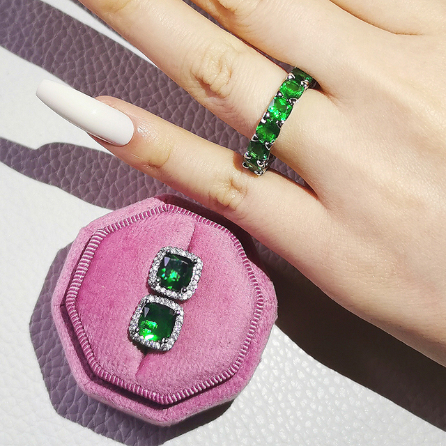 Nowość 2021: Luksusowy, zielony pierścionek z brylantami w 925 srebrze - Zestaw pierścionków zaręczynowych dla kobiet Z14 - Wianko - 44
