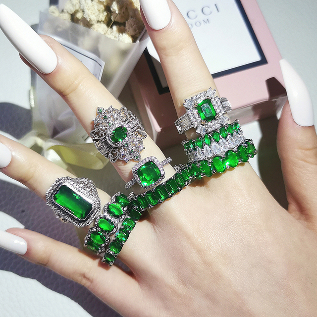 Nowość 2021: Luksusowy, zielony pierścionek z brylantami w 925 srebrze - Zestaw pierścionków zaręczynowych dla kobiet Z14 - Wianko - 16
