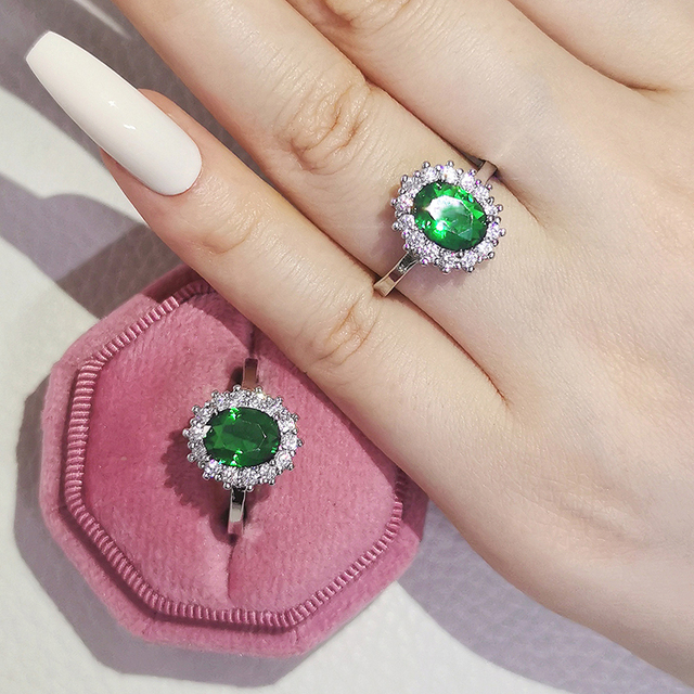 Nowość 2021: Luksusowy, zielony pierścionek z brylantami w 925 srebrze - Zestaw pierścionków zaręczynowych dla kobiet Z14 - Wianko - 52