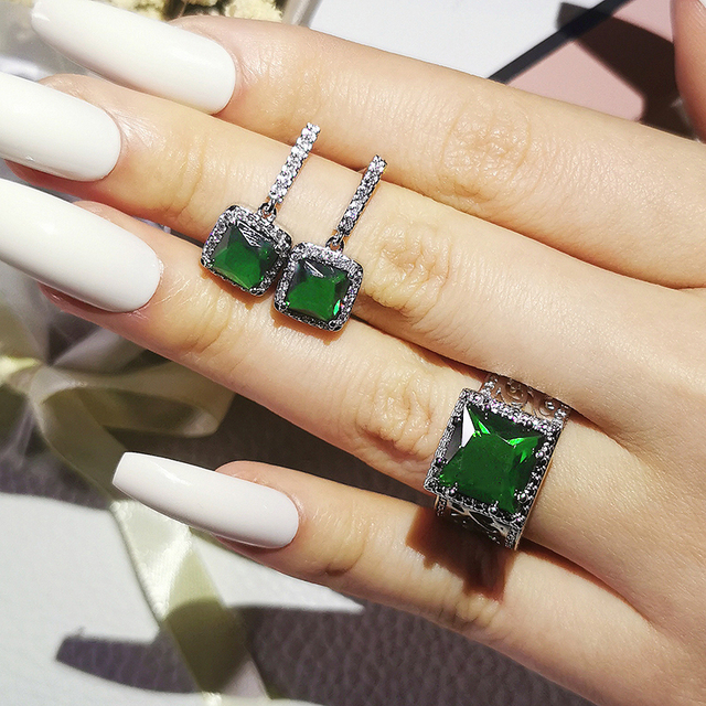 Nowość 2021: Luksusowy, zielony pierścionek z brylantami w 925 srebrze - Zestaw pierścionków zaręczynowych dla kobiet Z14 - Wianko - 35