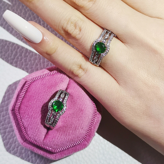 Nowość 2021: Luksusowy, zielony pierścionek z brylantami w 925 srebrze - Zestaw pierścionków zaręczynowych dla kobiet Z14 - Wianko - 26