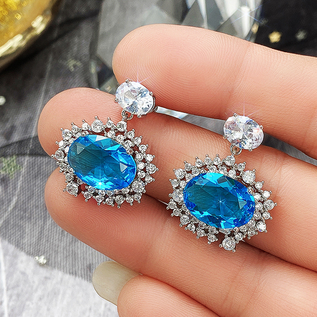 Duże, owalne kolczyki wiszące z niebieskimi cyrkoniami sześciennymi w kształcie Dangle - biżuteria damskie na ślub, rocznicę i modną kobietę - Wianko - 4