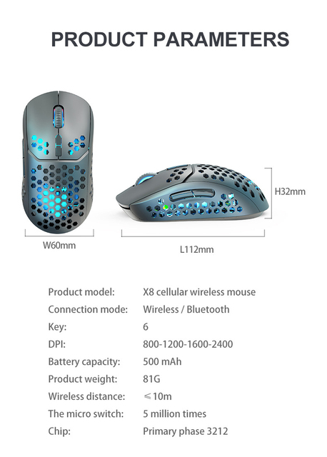 Bezprzewodowa mysz do gier 2.4G kompatybilna z Bluetooth, RGB podświetlenie diodami LED, ergonomiczny design - Wianko - 27