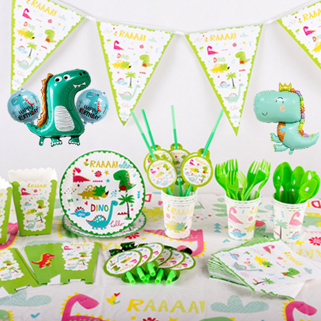 Dinozaur Party- zestaw jednorazowych talerzy, kubków, zastawy stołowej, dekoracja na tort, balony i ozdoby urodzinowe dla dzieci - Wianko - 3