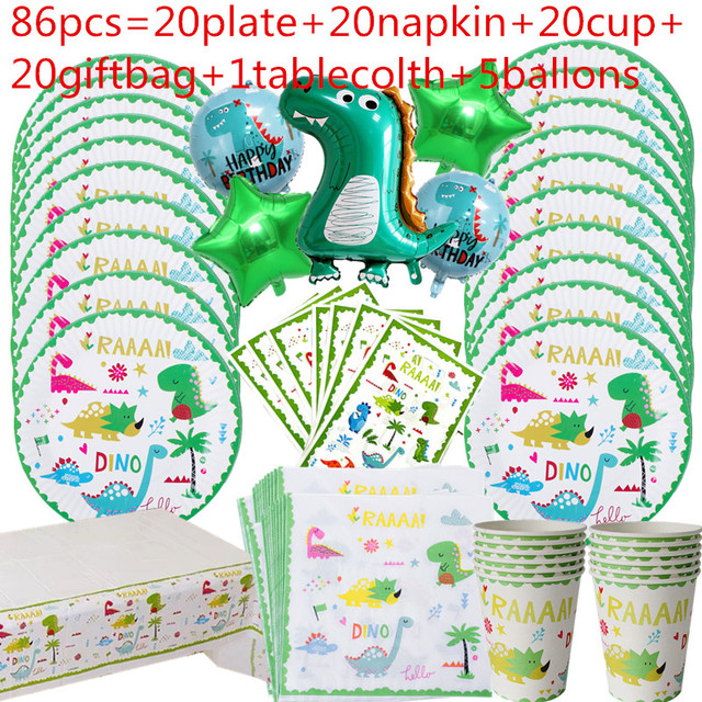 Dinozaur Party- zestaw jednorazowych talerzy, kubków, zastawy stołowej, dekoracja na tort, balony i ozdoby urodzinowe dla dzieci - Wianko - 8