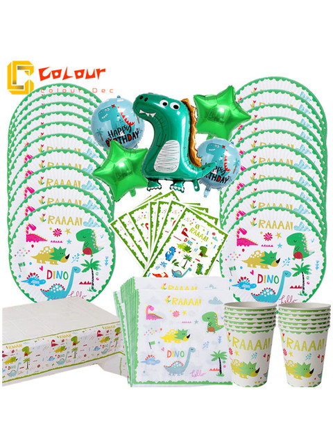Dinozaur Party- zestaw jednorazowych talerzy, kubków, zastawy stołowej, dekoracja na tort, balony i ozdoby urodzinowe dla dzieci - Wianko - 4