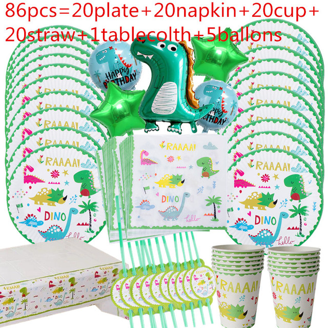 Dinozaur Party- zestaw jednorazowych talerzy, kubków, zastawy stołowej, dekoracja na tort, balony i ozdoby urodzinowe dla dzieci - Wianko - 7