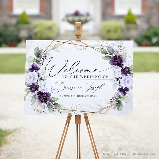 Edytowalny plakat powitalny na wesele - liliowy fiolet i śliwkowy motif - Wianko - 1