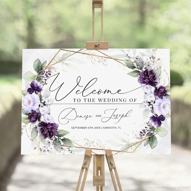 Edytowalny plakat powitalny na wesele - liliowy fiolet i śliwkowy motif - Wianko - 2