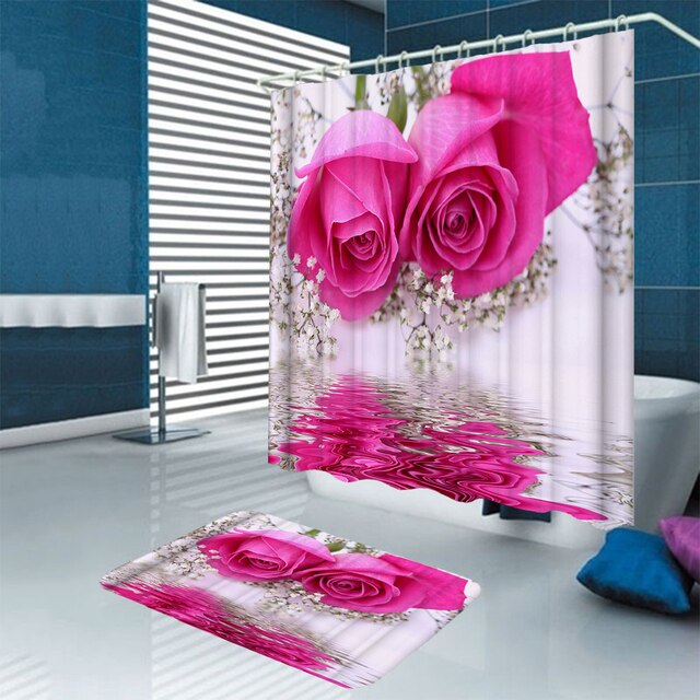 Zestaw akcesoriów łazienkowych - Różowa róża: wodoodporna zasłona prysznicowa, dywaniki antypoślizgowe, pokrowiec na klapę sedesu oraz maty prysznicowe - Wianko - 5