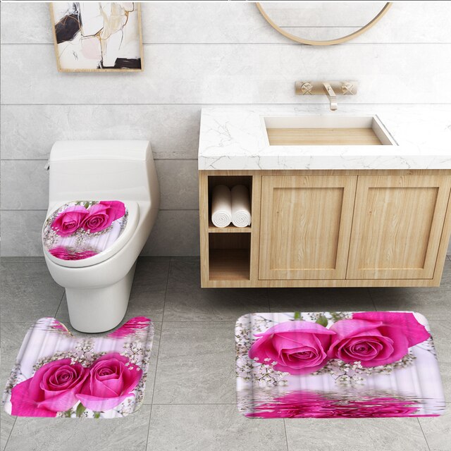 Zestaw akcesoriów łazienkowych - Różowa róża: wodoodporna zasłona prysznicowa, dywaniki antypoślizgowe, pokrowiec na klapę sedesu oraz maty prysznicowe - Wianko - 6
