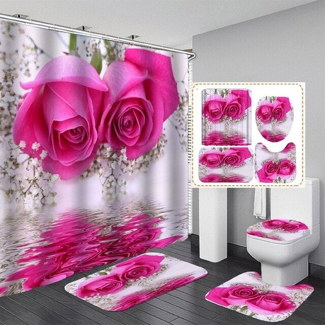 Zestaw akcesoriów łazienkowych - Różowa róża: wodoodporna zasłona prysznicowa, dywaniki antypoślizgowe, pokrowiec na klapę sedesu oraz maty prysznicowe - Wianko - 3