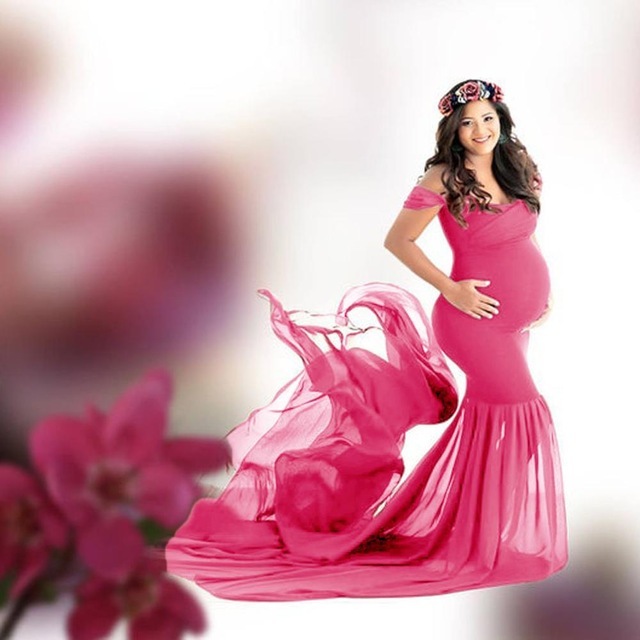 Długa ciążowa sukienka na sesję zdjęciową Off ramię Maxi suknia macierzyńska - fotografia ciążowa - Wianko - 27