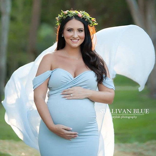 Długa ciążowa sukienka na sesję zdjęciową Off ramię Maxi suknia macierzyńska - fotografia ciążowa - Wianko - 18