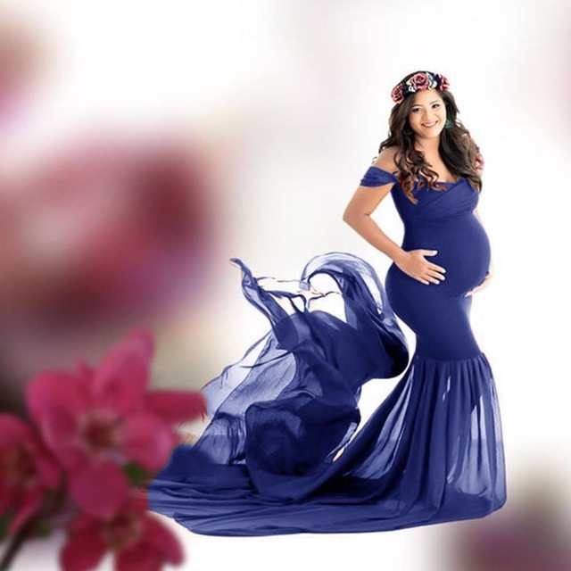 Długa ciążowa sukienka na sesję zdjęciową Off ramię Maxi suknia macierzyńska - fotografia ciążowa - Wianko - 26