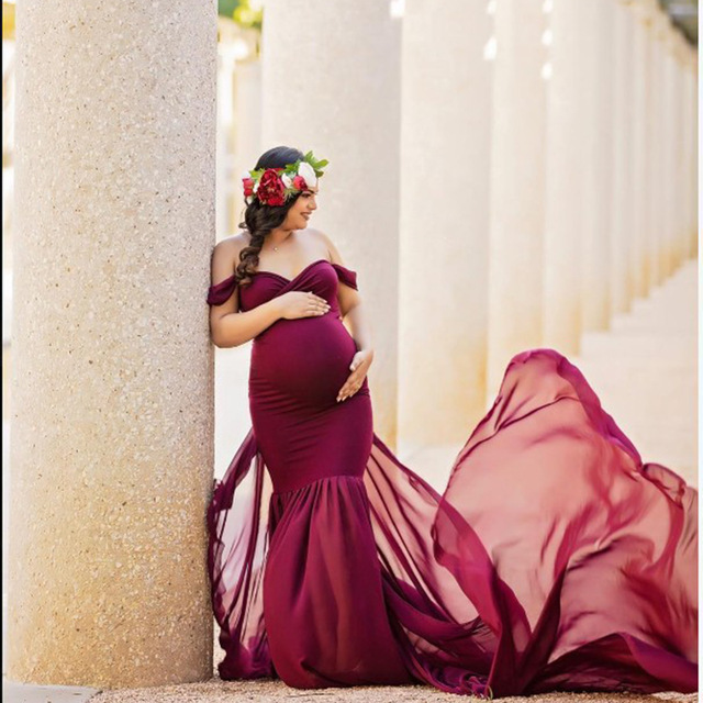 Długa ciążowa sukienka na sesję zdjęciową Off ramię Maxi suknia macierzyńska - fotografia ciążowa - Wianko - 20