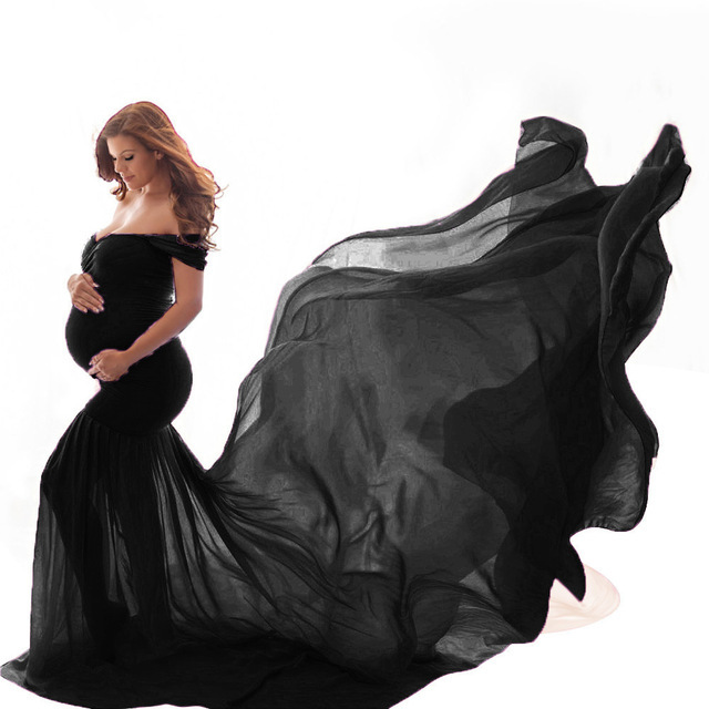 Długa ciążowa sukienka na sesję zdjęciową Off ramię Maxi suknia macierzyńska - fotografia ciążowa - Wianko - 16