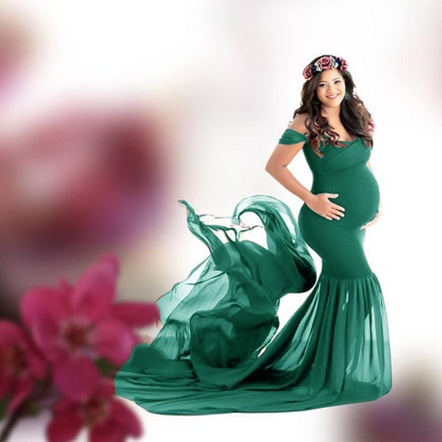 Długa ciążowa sukienka na sesję zdjęciową Off ramię Maxi suknia macierzyńska - fotografia ciążowa - Wianko - 25