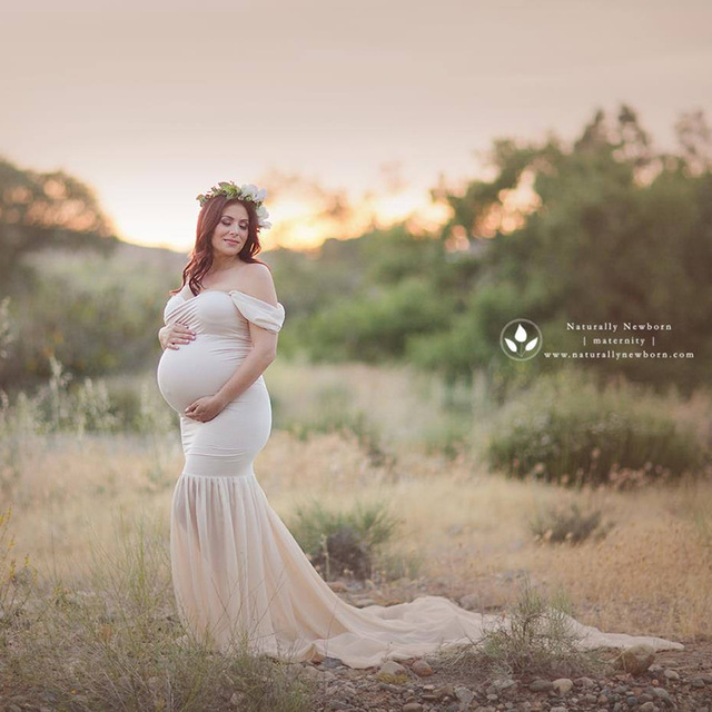 Długa ciążowa sukienka na sesję zdjęciową Off ramię Maxi suknia macierzyńska - fotografia ciążowa - Wianko - 22