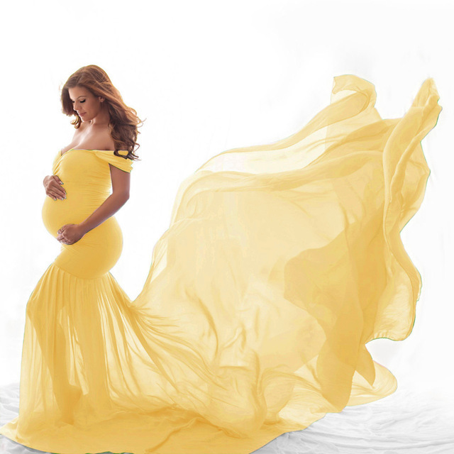 Długa ciążowa sukienka na sesję zdjęciową Off ramię Maxi suknia macierzyńska - fotografia ciążowa - Wianko - 14