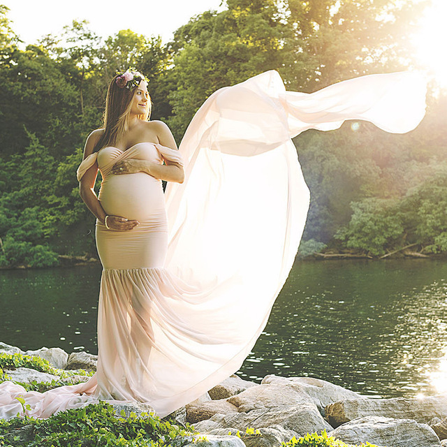 Długa ciążowa sukienka na sesję zdjęciową Off ramię Maxi suknia macierzyńska - fotografia ciążowa - Wianko - 19