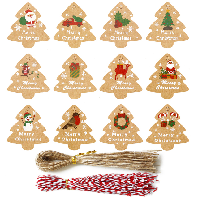 48 zestawów wesołych świąt z papierowych etykiet ozdobnych - 12 wzorów z choinką, świętym Mikołajem, bałwankiem i sówką - idealne do pakowania prezentów - Wianko - 2