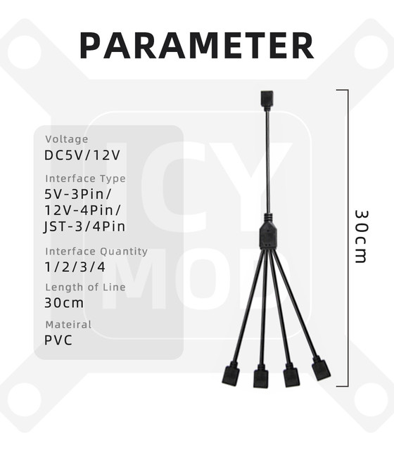 Kabel splittera JST SM interfejs wentylatora, długość 30cm, AURA, rozszerzenie dla chłodnic wodnych, niestandardowy, 5V3PIN, 12V 4PIN, męski/żeński - Wianko - 5