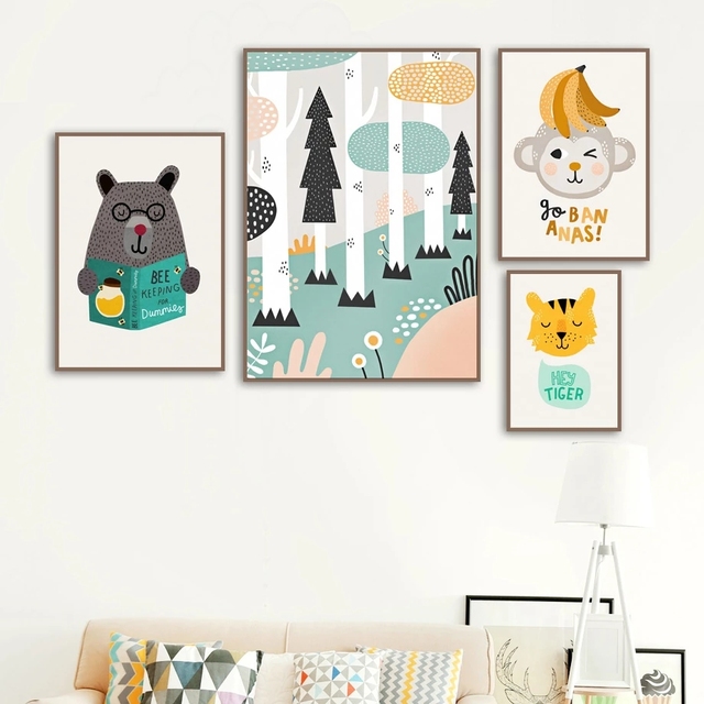 Plakaty i druki obrazów ściennych zwierząt dla dziecka - Panda, niedźwiedź, małpa - Wianko - 5