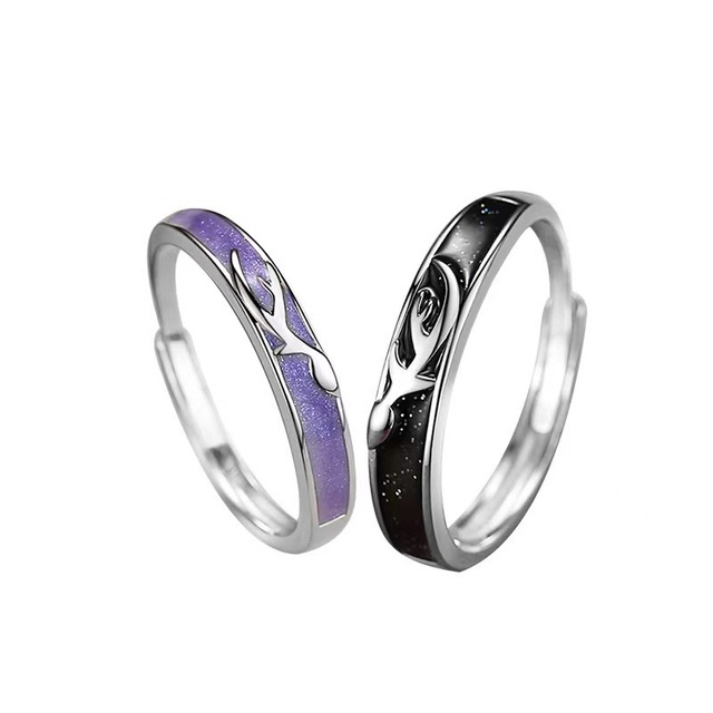 Srebrny pierścień z epoksydową fioletową i czarną dekoracją z poroża - nowy model, regulowany rozmiar, modna biżuteria (BR JZ0043) - Wianko - 6