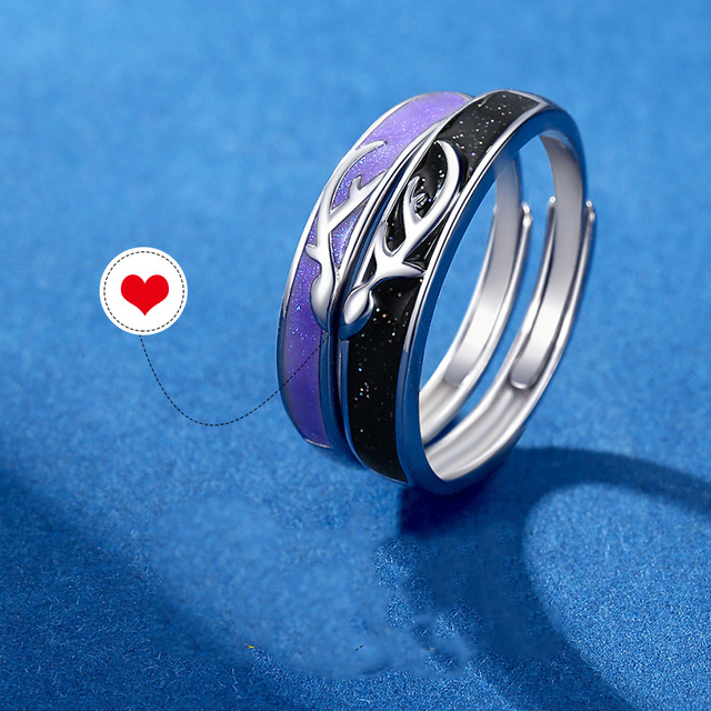 Srebrny pierścień z epoksydową fioletową i czarną dekoracją z poroża - nowy model, regulowany rozmiar, modna biżuteria (BR JZ0043) - Wianko - 2