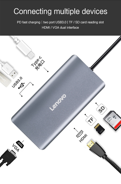 Lenovo USB-C HUB typ C na Multi USB 3.0 HDMI VGA - adapter dock dla MacBook Pro i MateBook, akcesoria do laptopów USB-C z portem Splitter - Wianko - 7